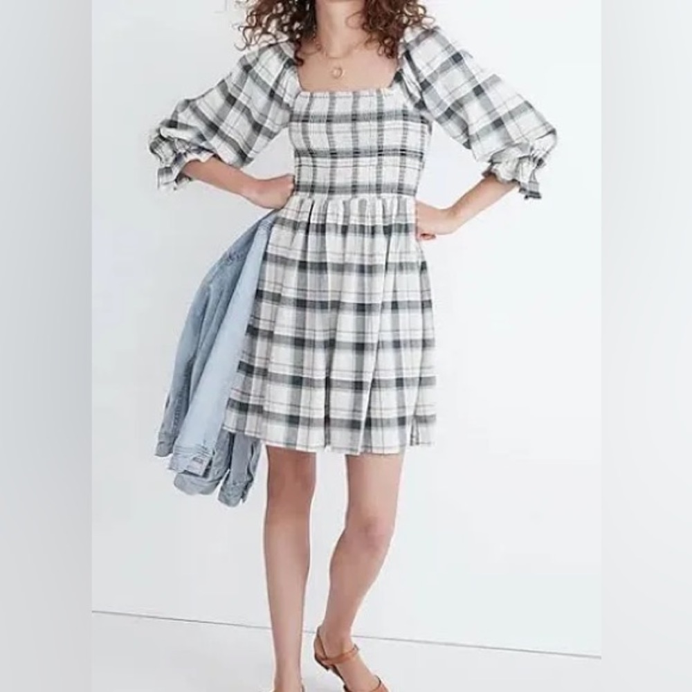 Madewell Plaid Lightweight Flannel Smocked Mini Dress, Sz L, NWOT